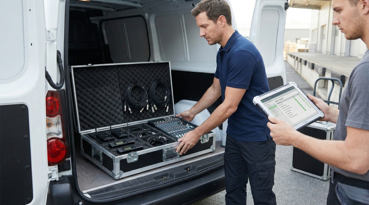 AV technician inspecting rented speaker and lighting equipment before an event