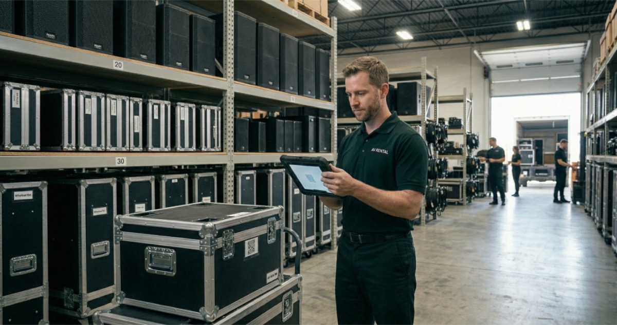 AV rental warehouse with labeled shelves of speakers, cables, and road cases