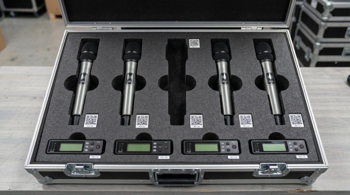 Technician scanning QR code on AV equipment road case during warehouse check-out