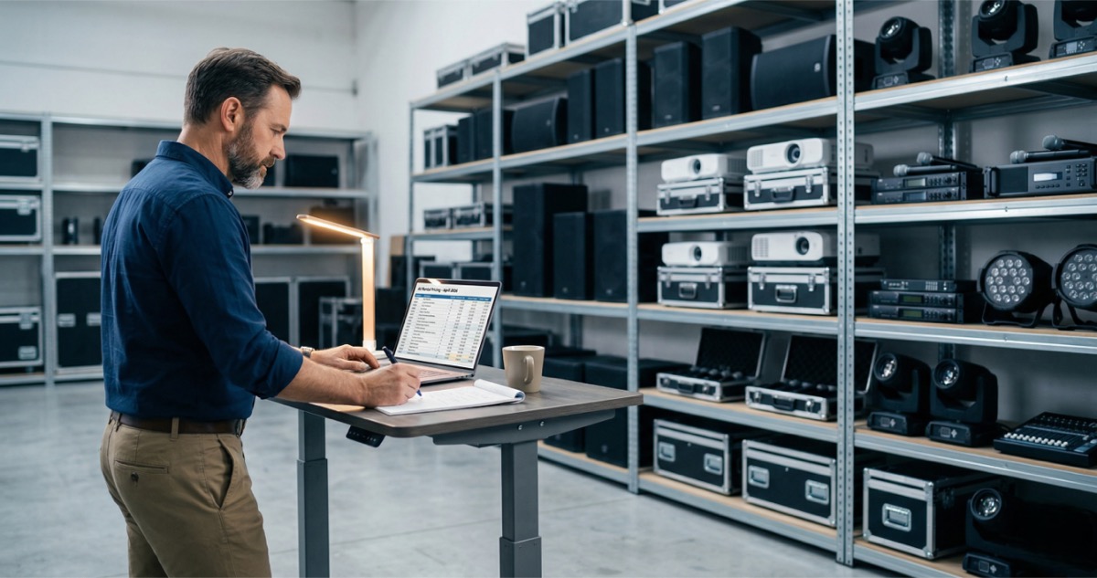 AV rental operator calculating equipment pricing and rates on a laptop