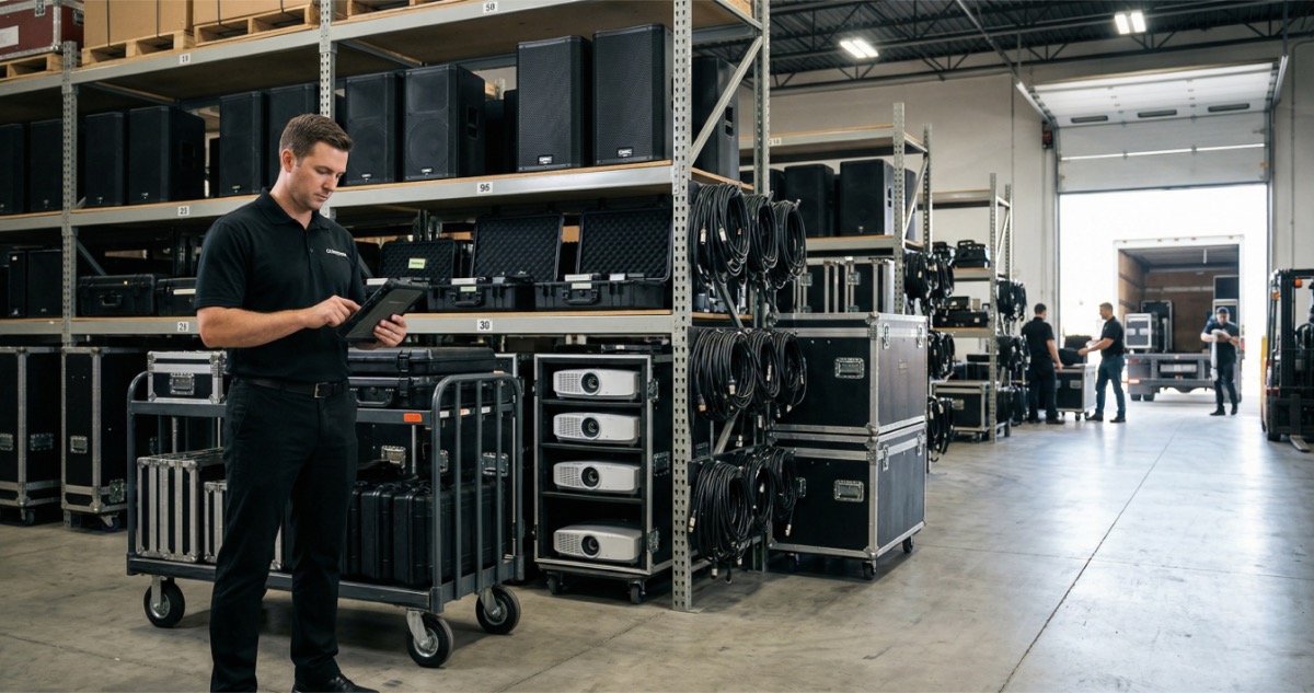 AV rental business owner reviewing startup costs and equipment budget at a desk