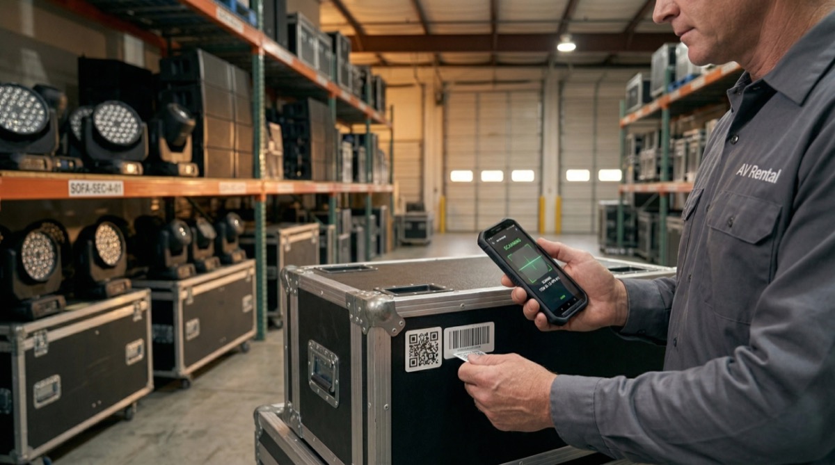 AV rental team using booking software to manage multiple event schedules