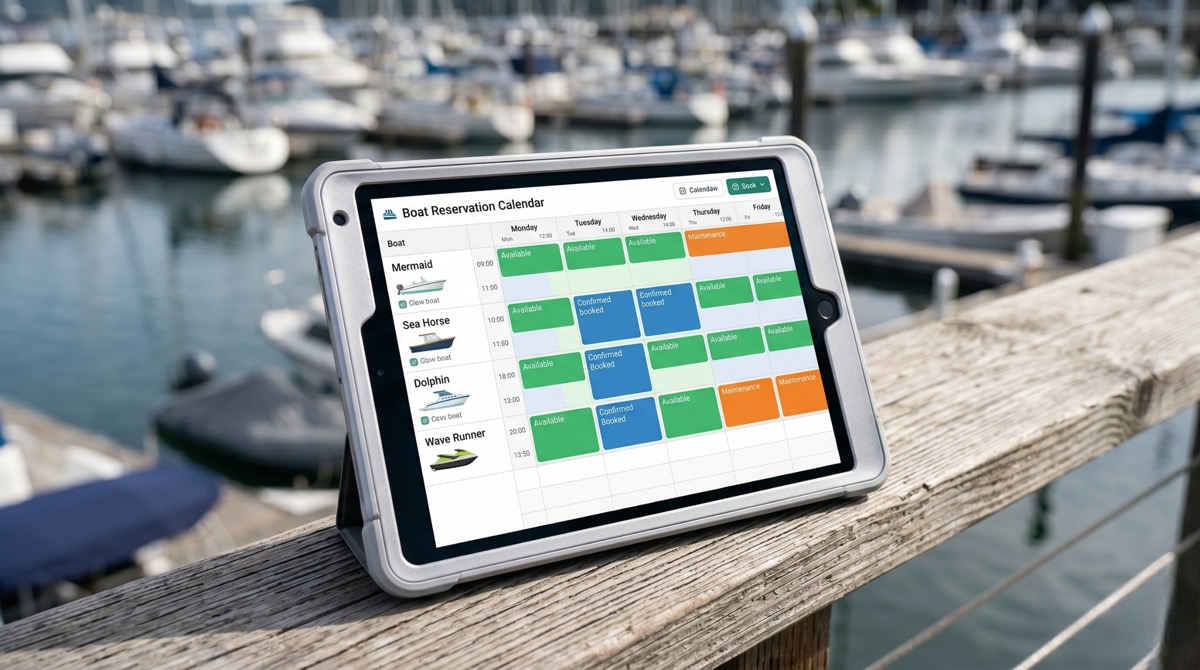 Boat rental booking software calendar showing daily availability on tablet