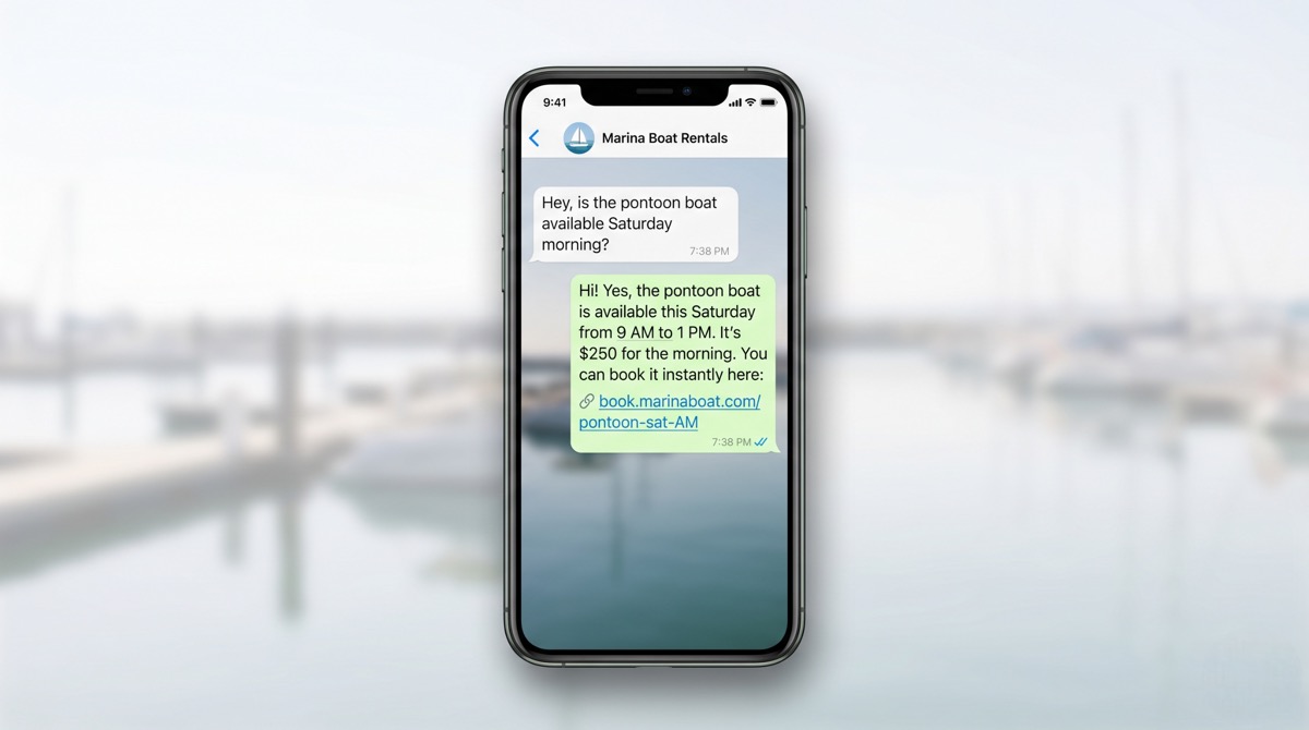 WhatsApp conversation showing instant boat rental availability check