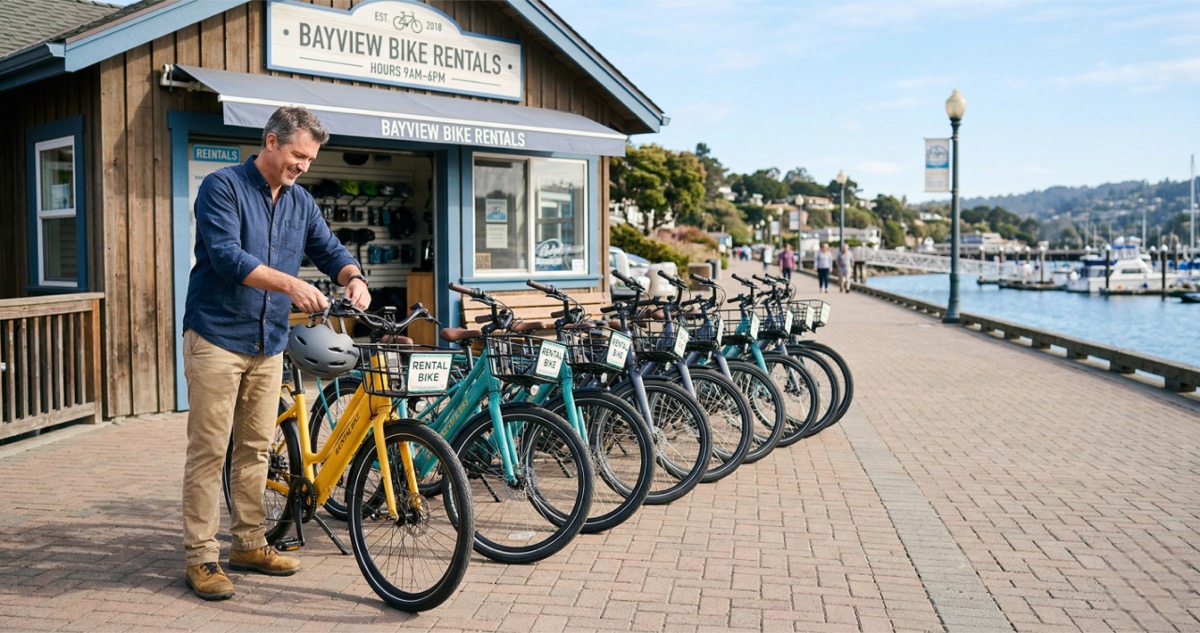 Bike rental shop owner comparing rental software on laptop