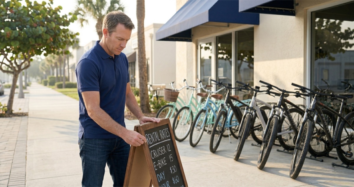 Bike rental shop owner setting rental pricing on chalkboard sign outside storefront