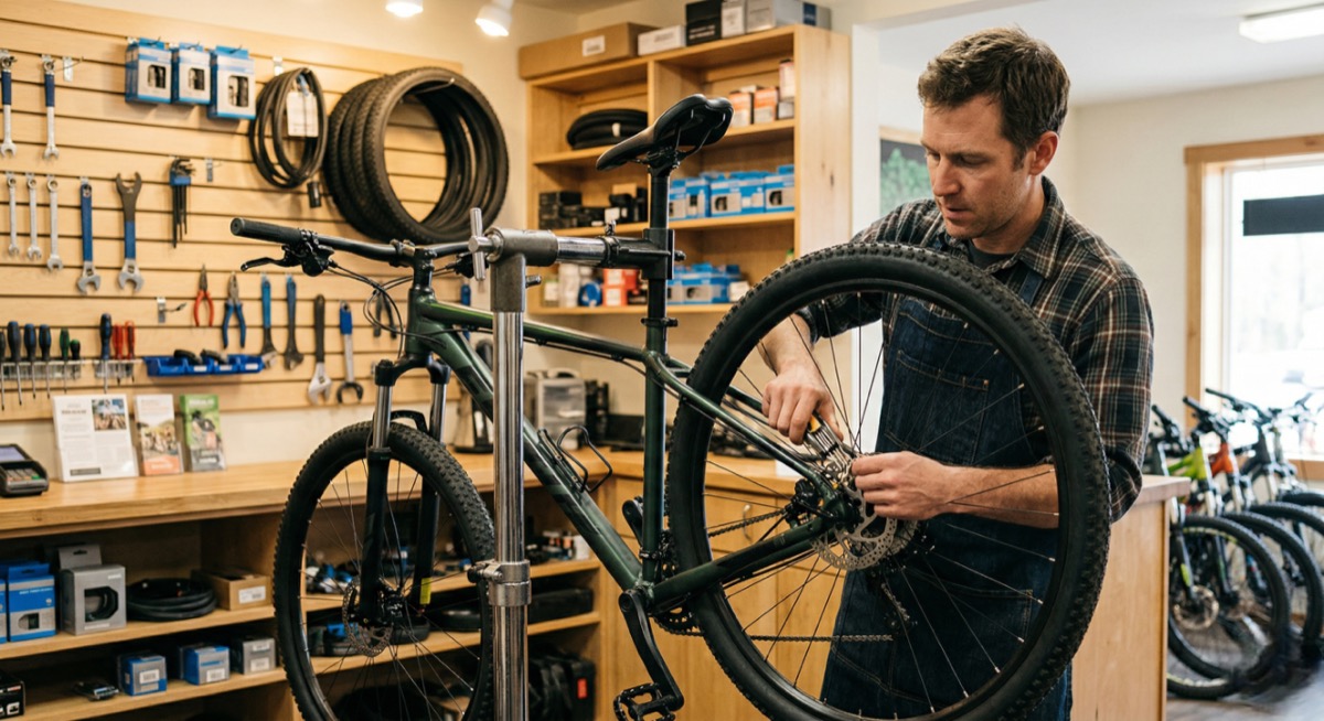 Bike rental startup fleet of cruisers and e-bikes in storage area