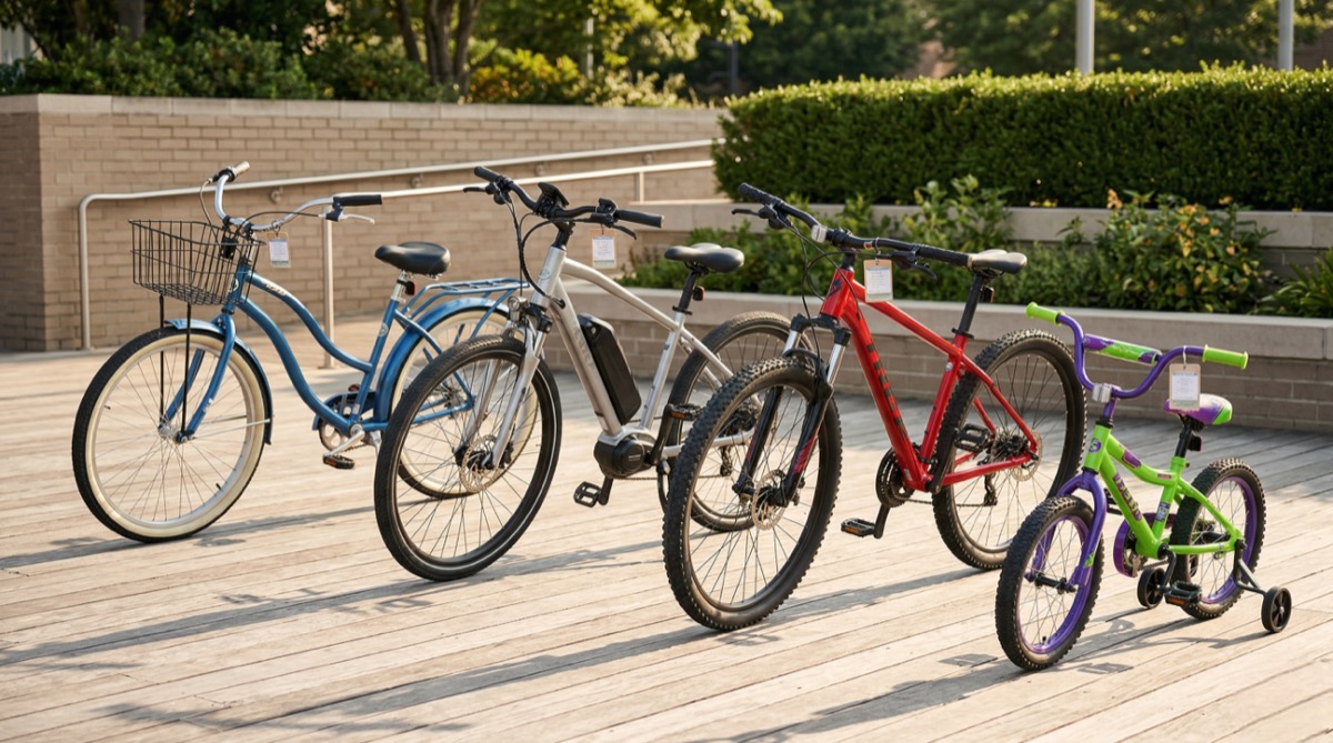 Different bike types lined up at a rental shop with pricing tags