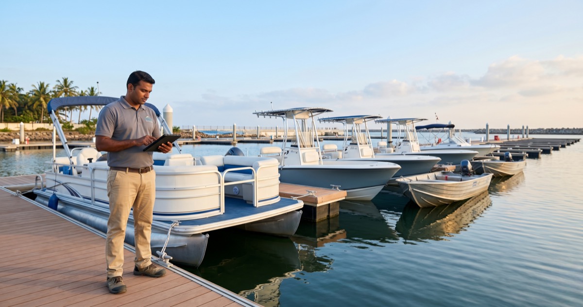 Boat rental fleet lined up at marina slips ready for the day