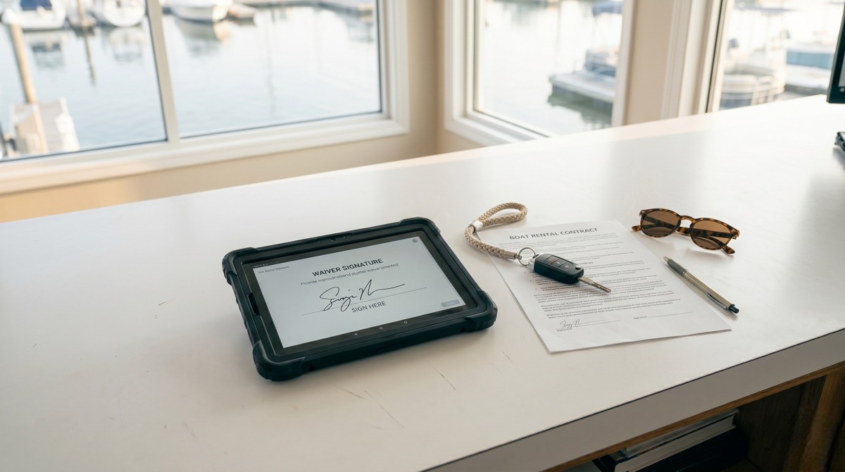 Insurance policy documents and safety equipment on a rental boat