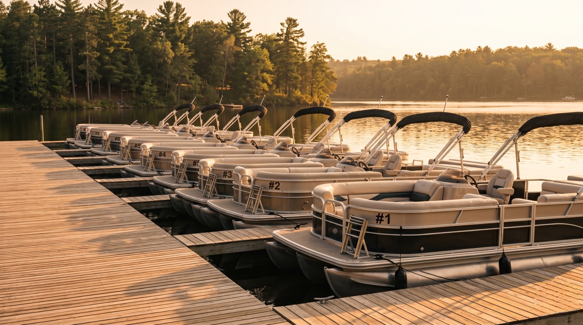 Seasonal boat rental rate board at a waterfront dock
