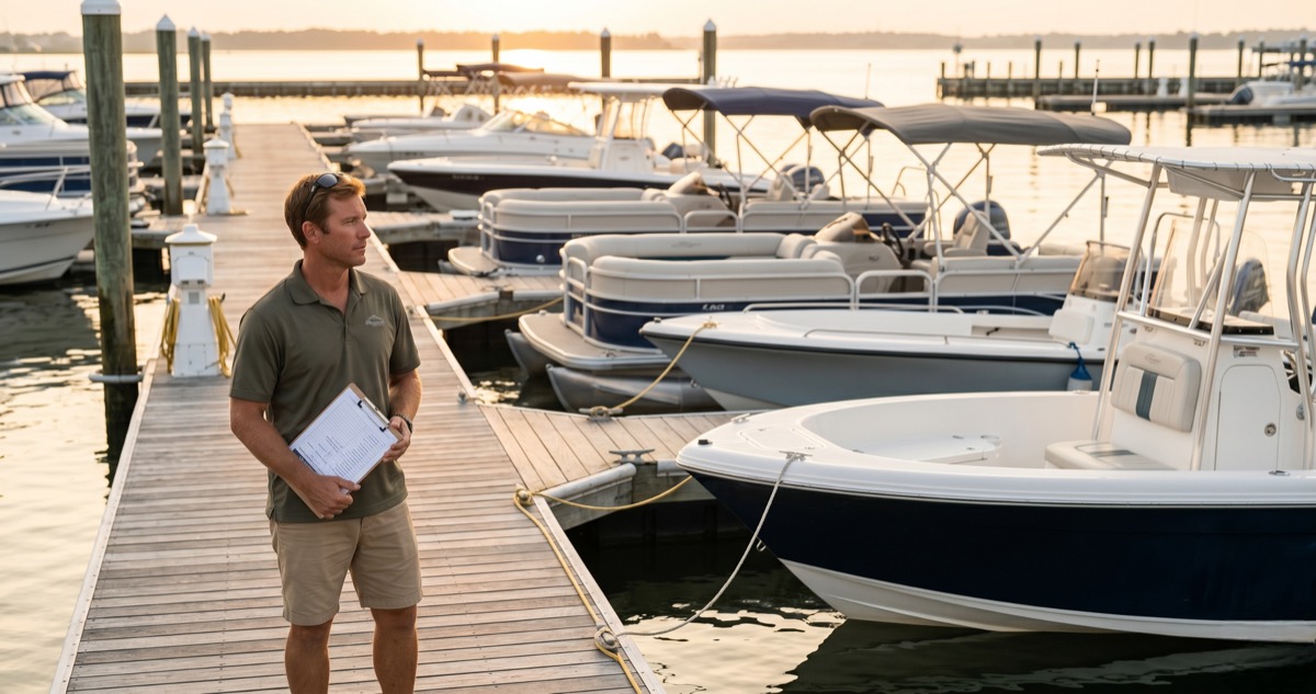 Boat rental fleet docked at a marina with cost planning documents