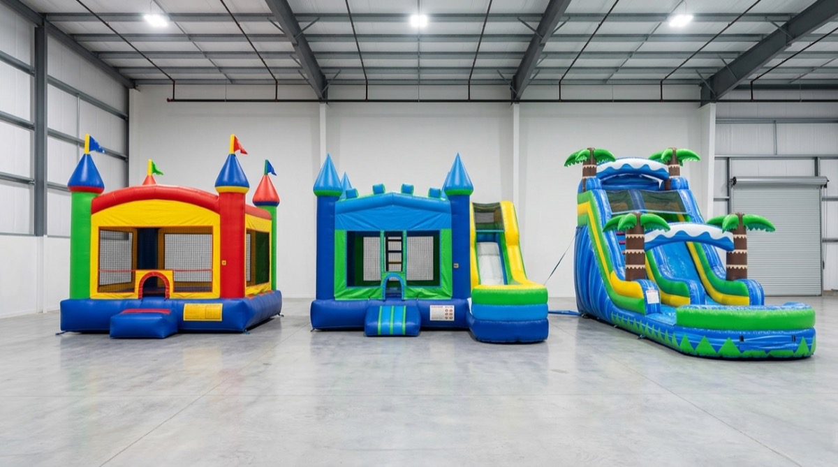 Commercial bounce house inventory in warehouse showing standard, combo, and water slide units