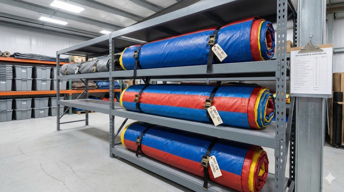 Organized bounce house fleet storage with labeled units and maintenance checklist