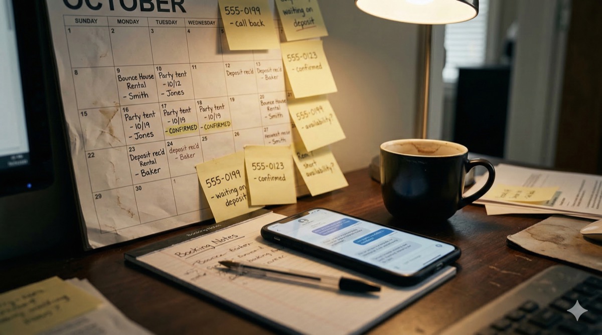 Manual bounce house booking system with paper calendar and sticky notes