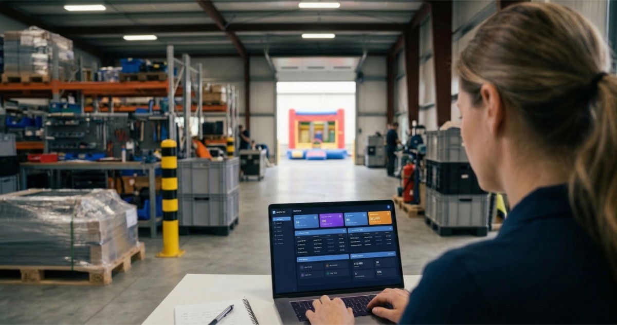 Bounce house rental operator reviewing booking software on laptop in warehouse