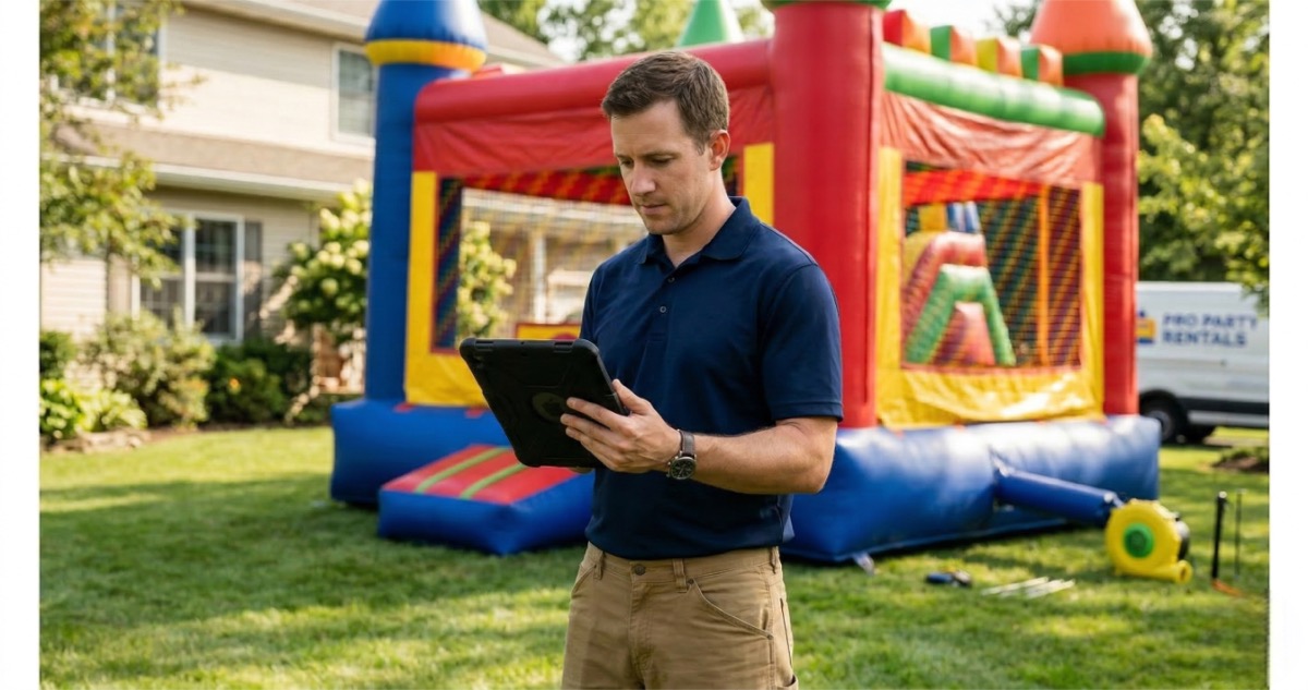 Bounce house rental operator setting pricing on tablet at delivery site