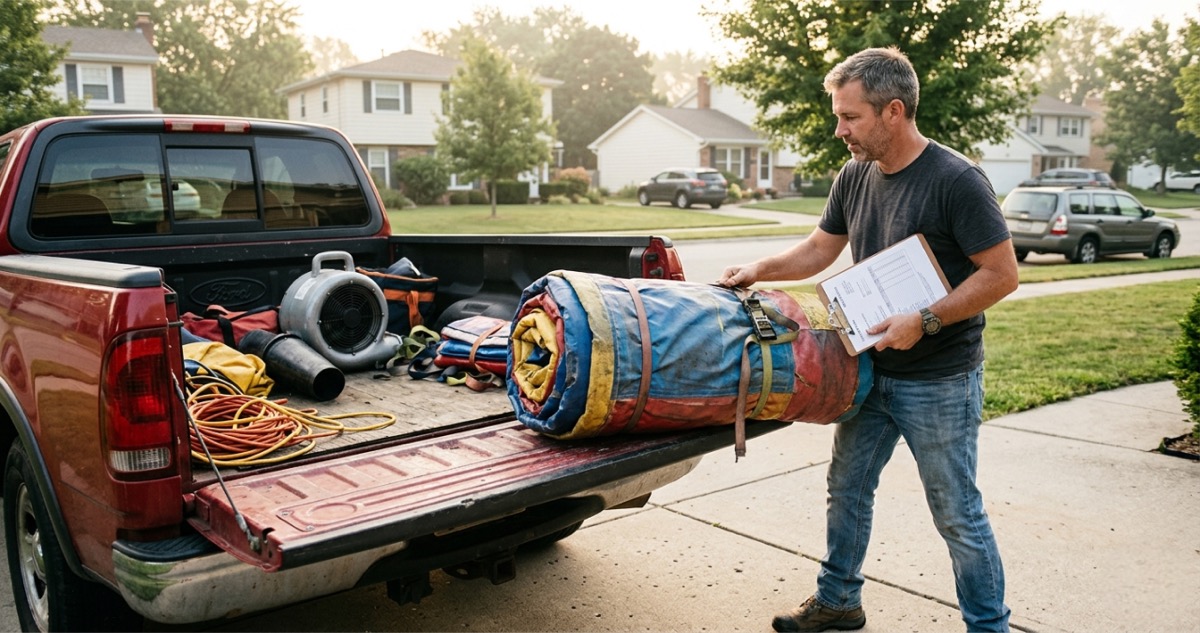 Bounce house rental operator unloading equipment for a delivery