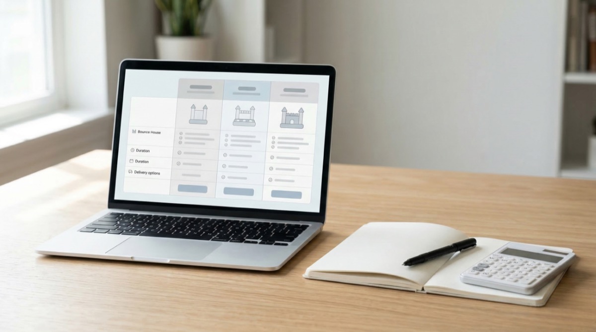 Rental pricing comparison on laptop screen for bounce house business
