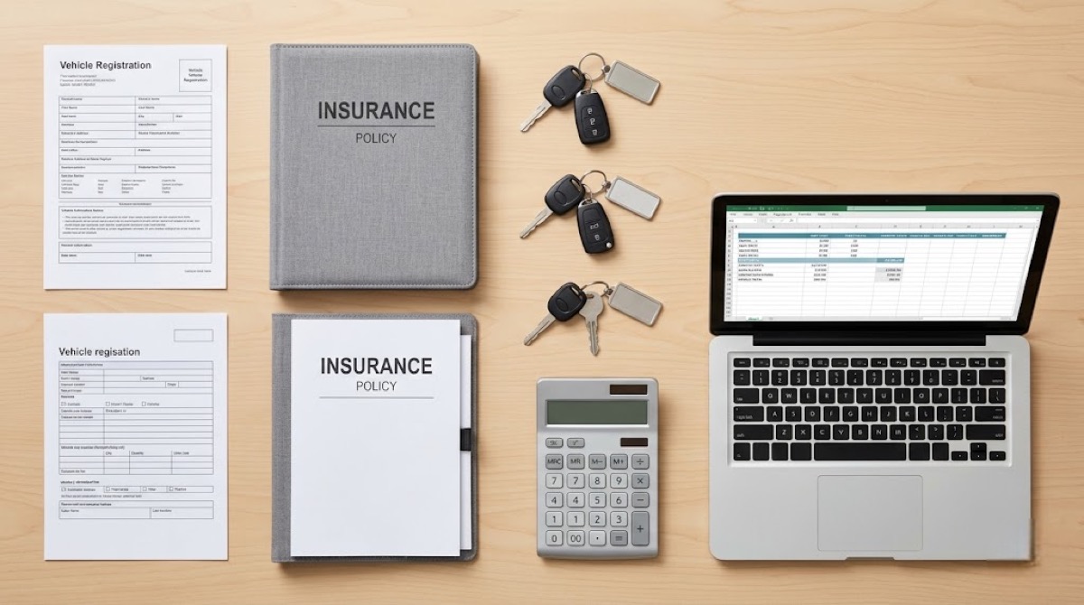 Car rental operator reviewing insurance documents and fleet costs at desk
