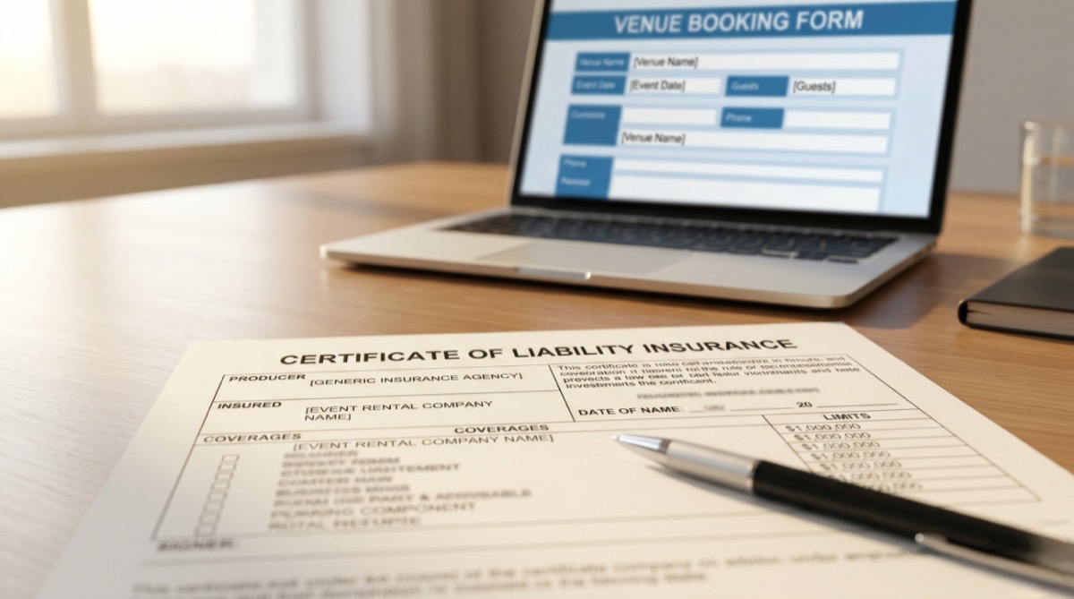 Certificate of insurance document for event rental business on desk
