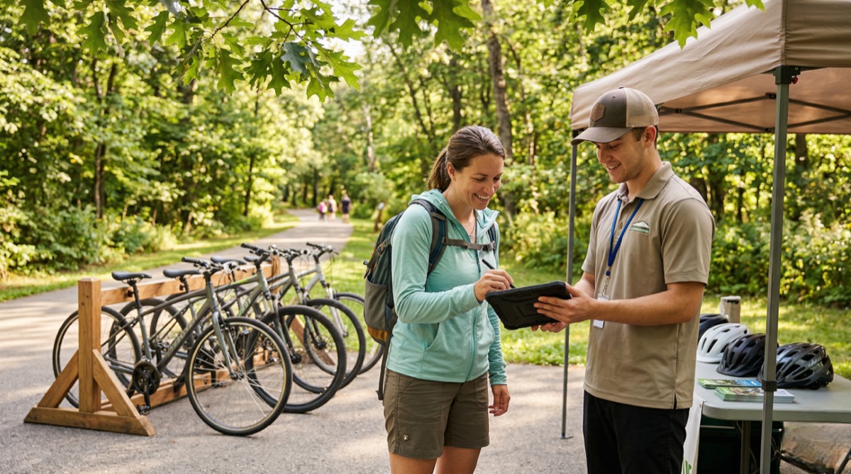 Customer signing digital bike rental waiver on tablet at outdoor rental stand