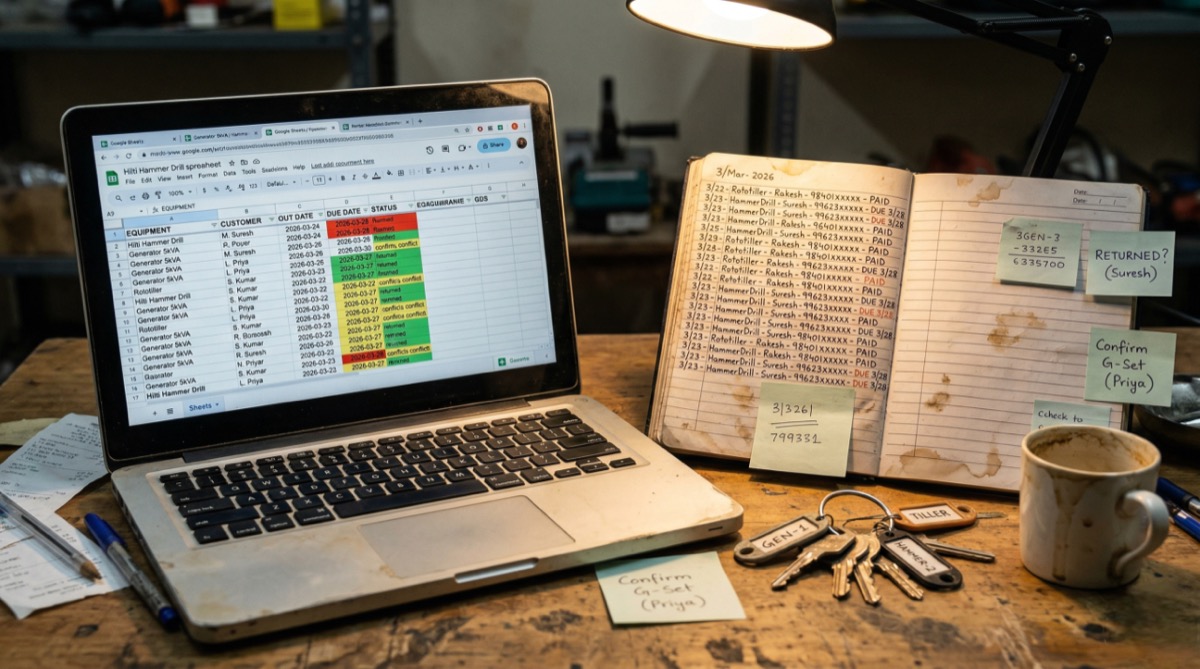 Manual equipment rental tracking with spreadsheet and paper logbook