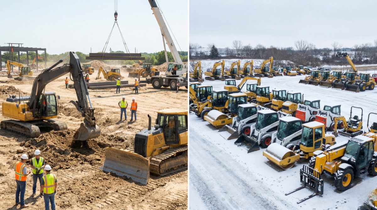 Seasonal demand comparison showing busy summer construction site versus quiet winter equipment yard