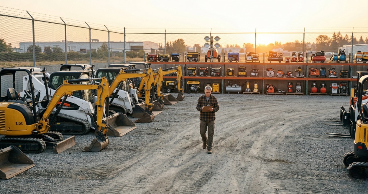 Equipment rental yard with organized machinery and business owner inspecting inventory