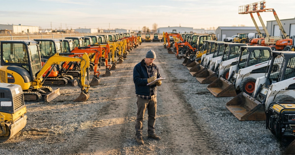 Equipment rental business owner reviewing inventory in a rental yard