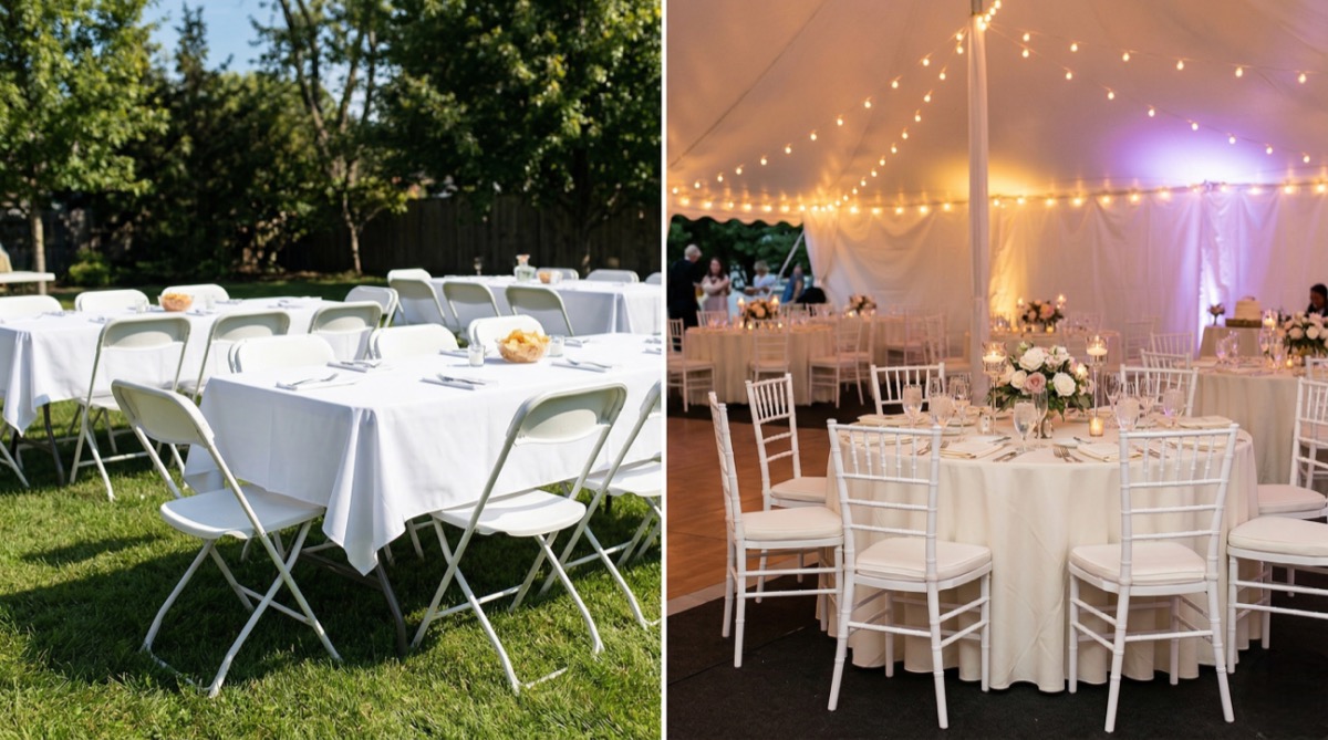 Basic party rental setup compared to premium event rental package