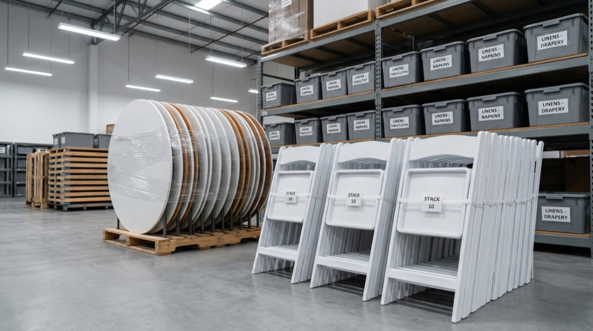Stacked folding chairs and tables in event rental warehouse