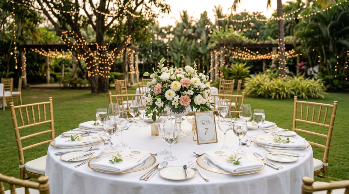 Event rental table setup with linens and chiavari chairs at outdoor reception