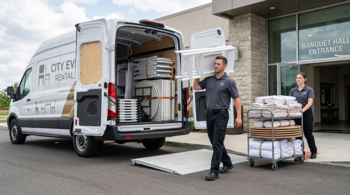 Event rental delivery team unloading equipment at venue