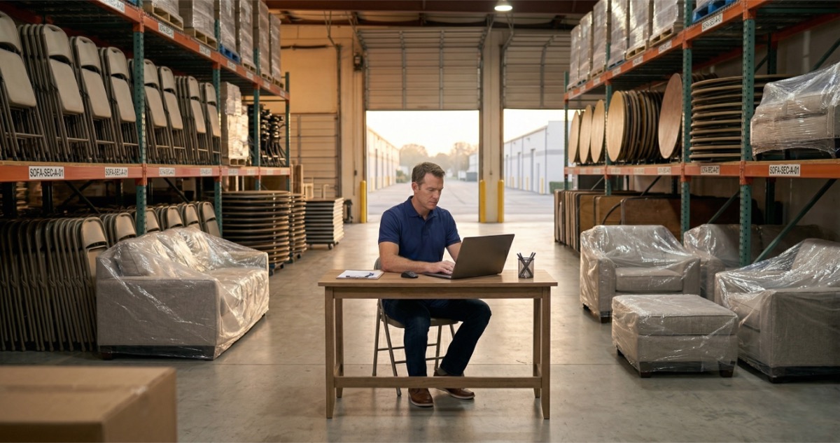 Furniture rental warehouse with organized inventory and operator managing orders