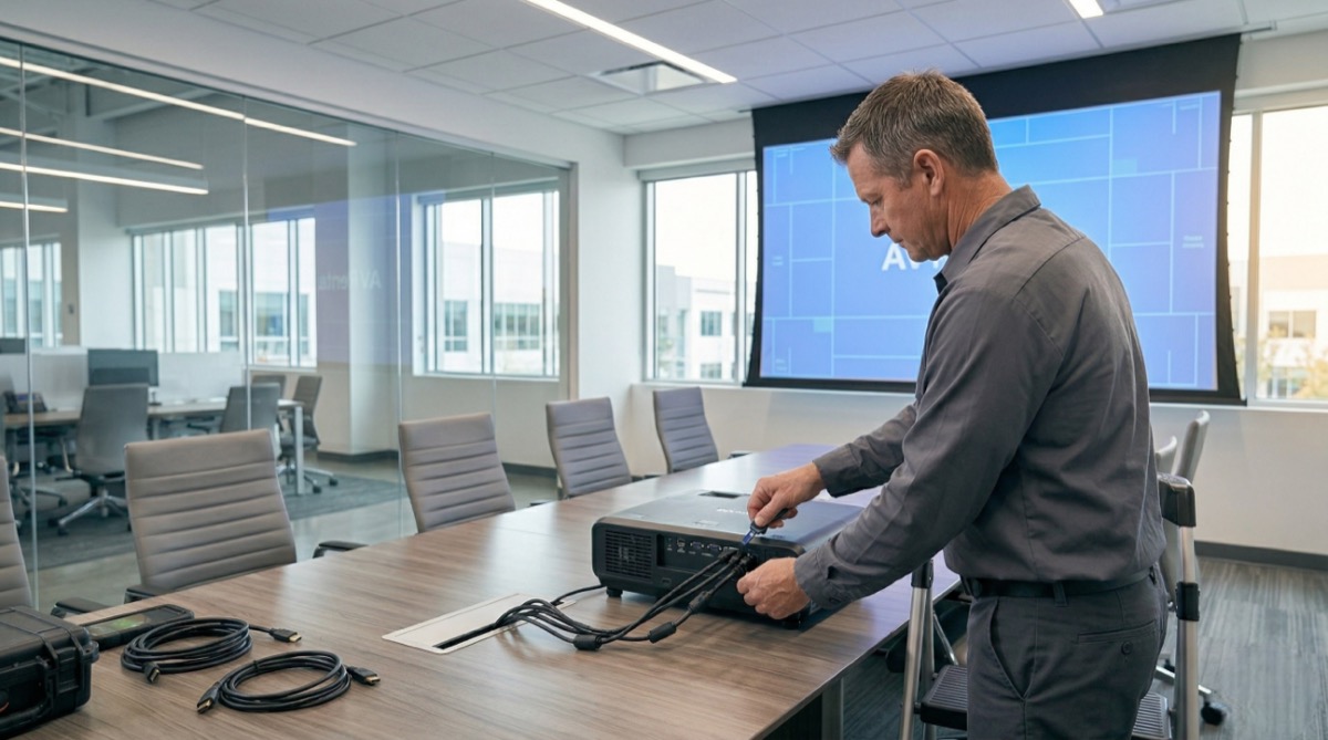 AV technician managing rental bookings on laptop with sound equipment in the background