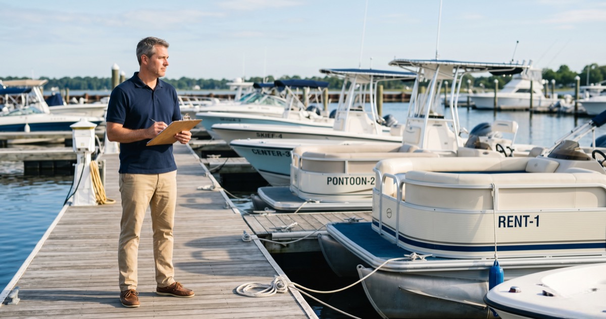 Boat rental operator preparing fleet at marina dock