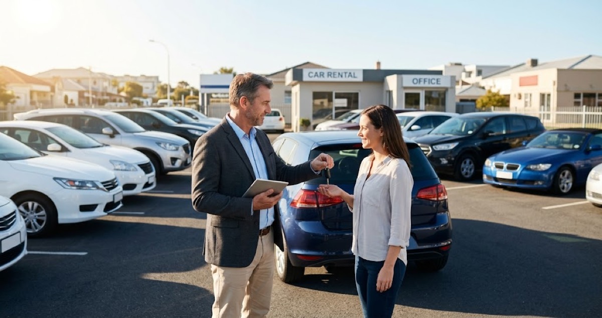 Car rental business owner with fleet of vehicles in small rental lot