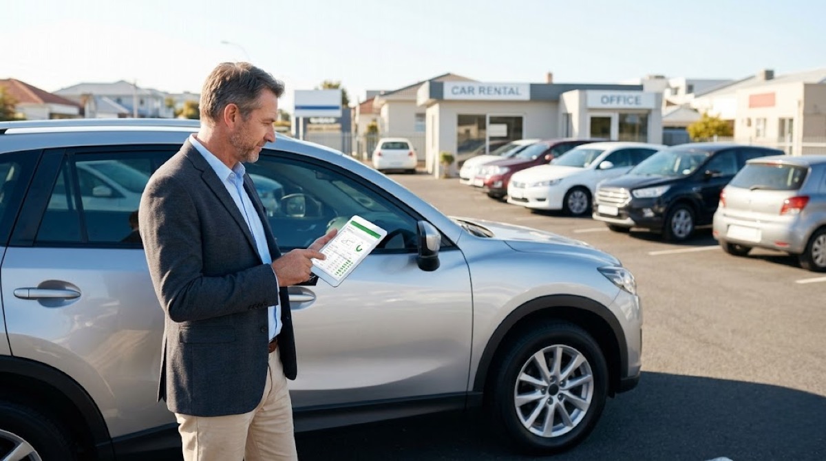 Car rental operator using fleet management software on laptop at desk