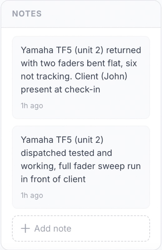 Order screen in LendControl with the Notes panel highlighted showing a damage note and its timestamp