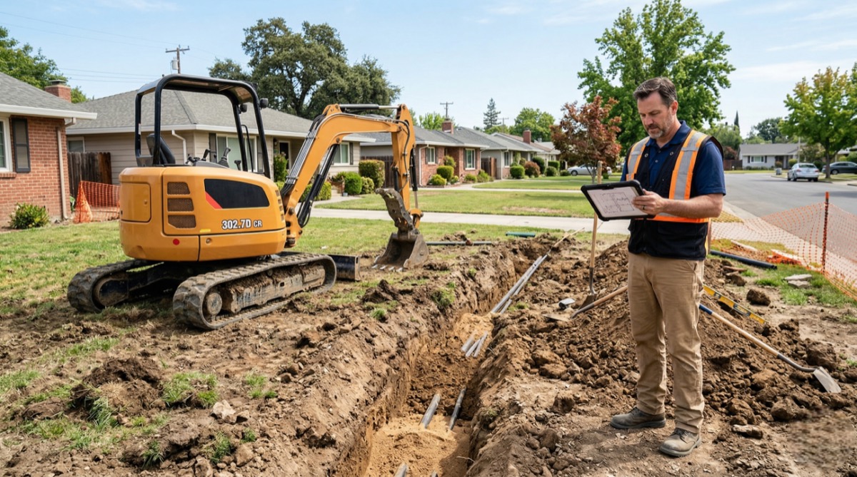 Mini excavator on residential job site with contractor reviewing plans