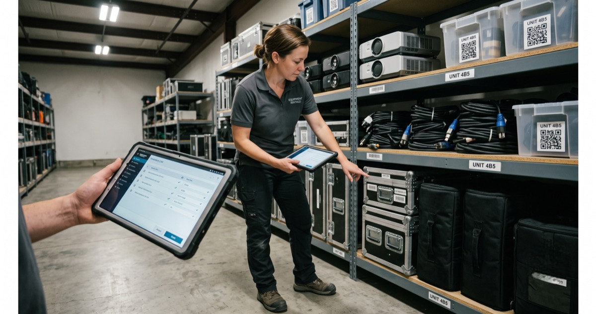 Rental equipment operator checking inventory against a digital tracking system in a warehouse
