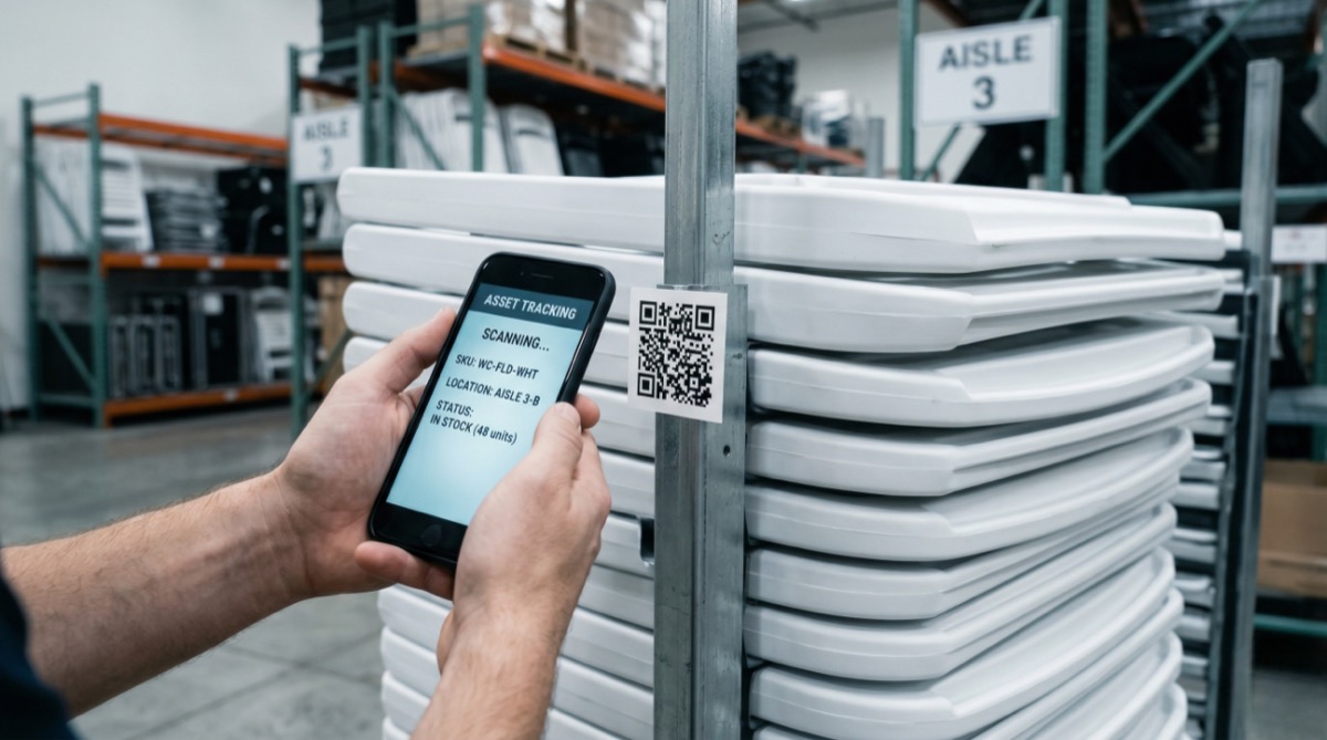 Warehouse worker scanning QR code on event rental chairs for inventory tracking