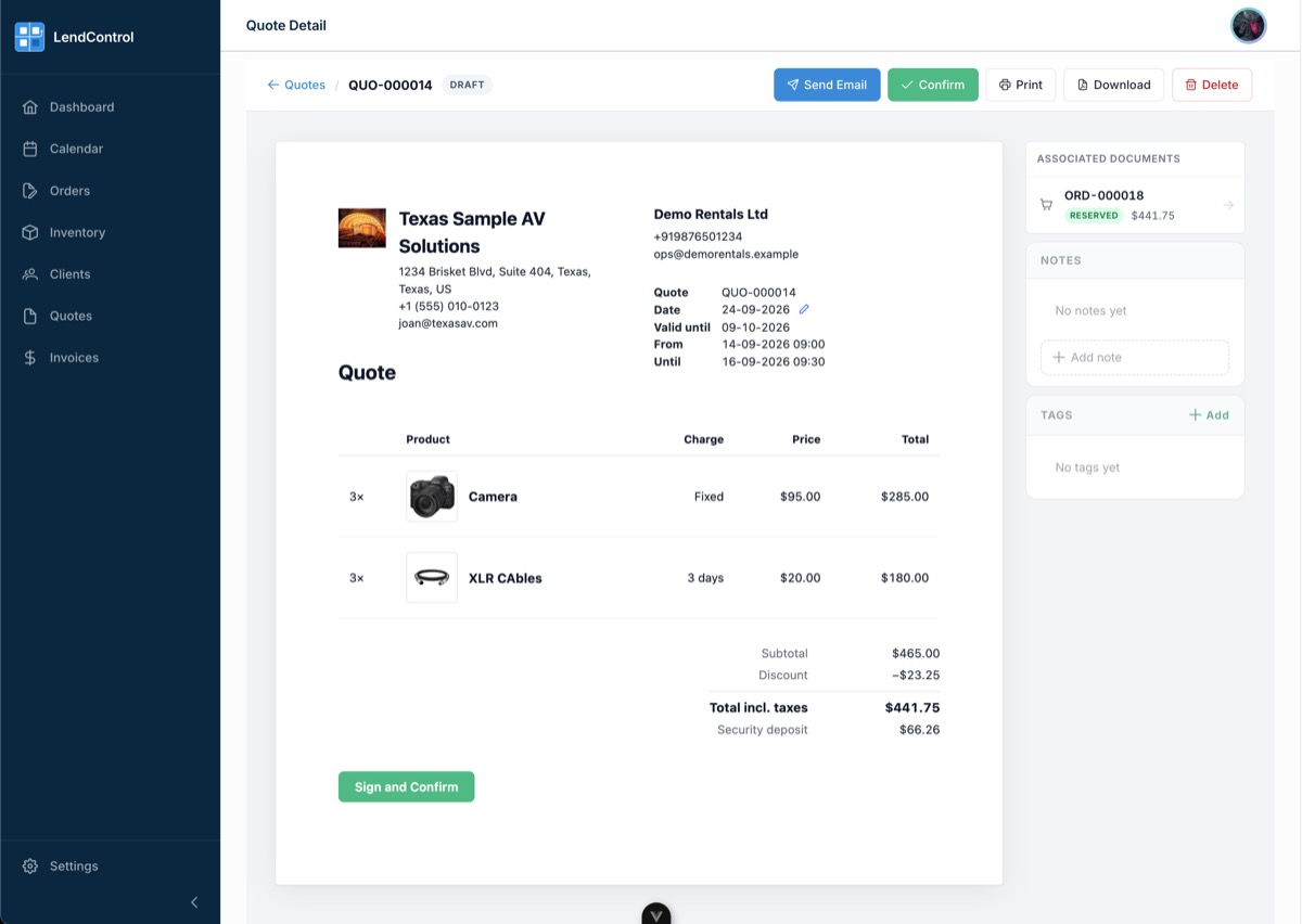 LendControl quote detail showing line items, pricing, and linked order